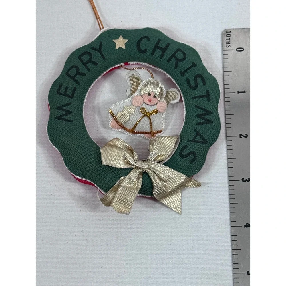 Handmade Vintage Christmas Wreath Ornament Green Red Fabric Angel Gold Bow 3.5